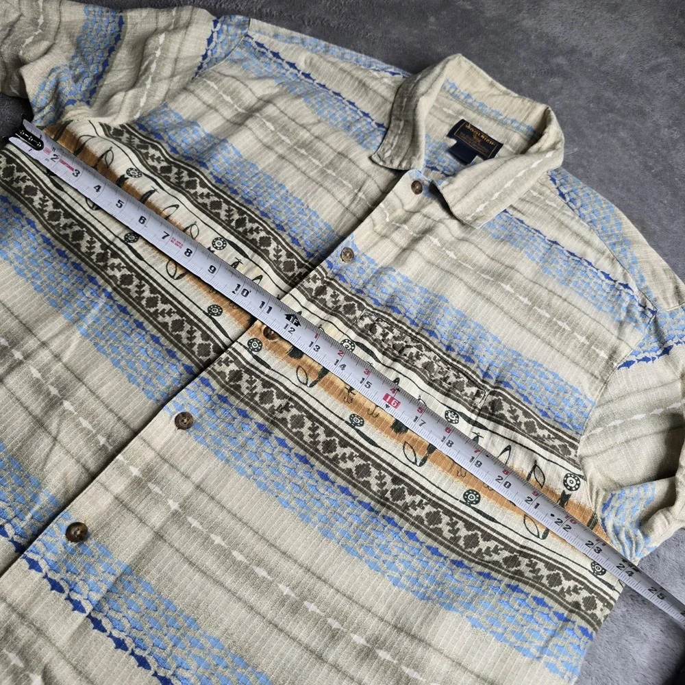 Woolrich Shirt Mens XL Beige Blue Fish Hooks Hawaiian Button Up Fish Stripes
